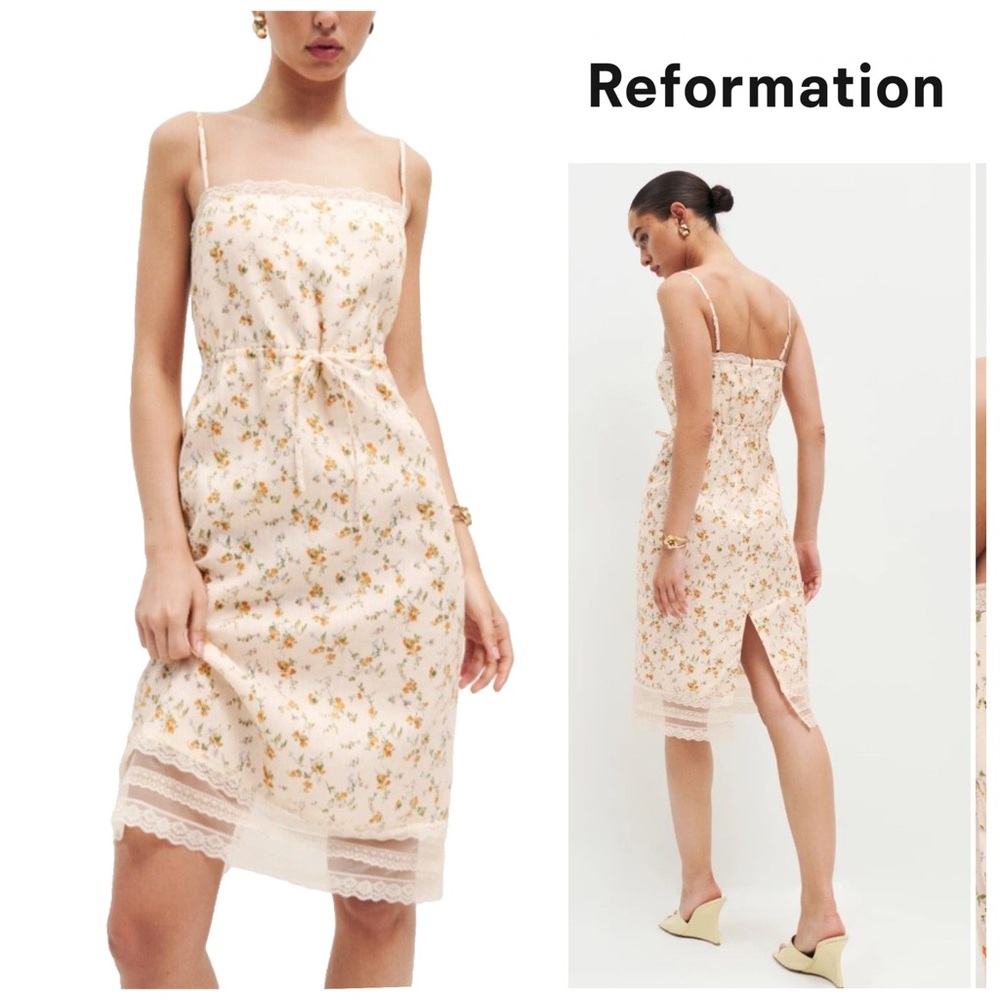 NWOT Reformation Neena Linen Floral Dress with White Lace Trim